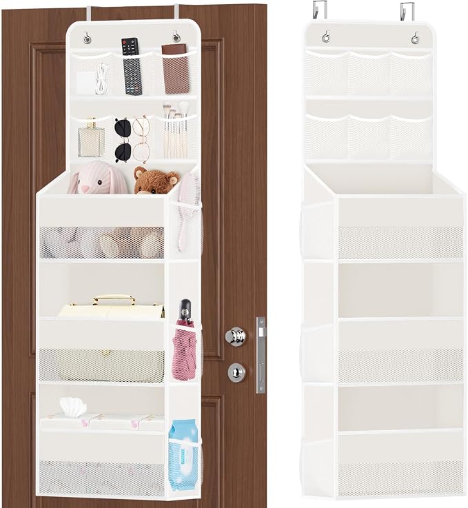 SpaceHacks 5-Tier Over the Door Organizer with Mesh Pockets, Baby Nursery Storage for Closet, Bathroom and Bedroom, Adjustable Hanging Closet Organizer for Cosmetics, Books and Essentials (Beige)