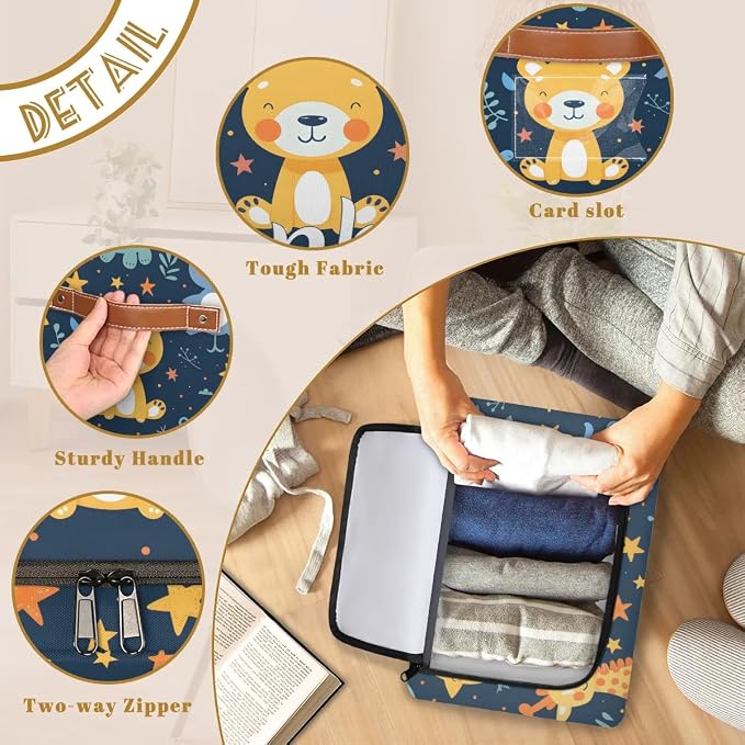 Custom Cute Animals Storage-Bin With Zipper Lid for Kids-Girls-Boys-Baby-Pet,Personalized Name Foldable Storage Box with Handle,Baby Basket With Label for Bedroom Nursery Toy Clothes,Blue
