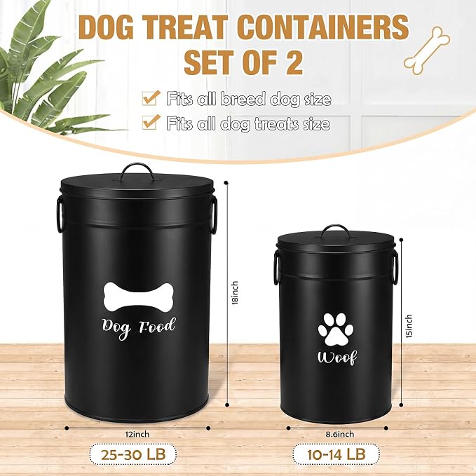 DoubleFill Extra Large 30+14 lb Metal Dog Food Storage Containers, Black | Airtight Dog Treat Snack Jars with Lids and Spoon, Farmhouse Style Big Pet Cookie Storage Bin for Kitchen Counter, Set of 2
