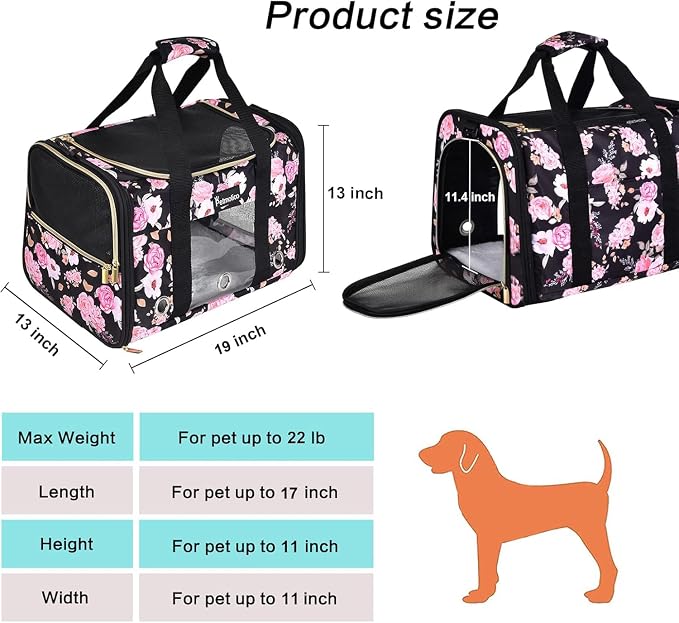 Petmolico Cat Carrier Soft-Sided Airline Approved, Large, Pink Peony | For small/medium cats & puppies up to 16 lbs, 3 open doors, travel-friendly pet bag