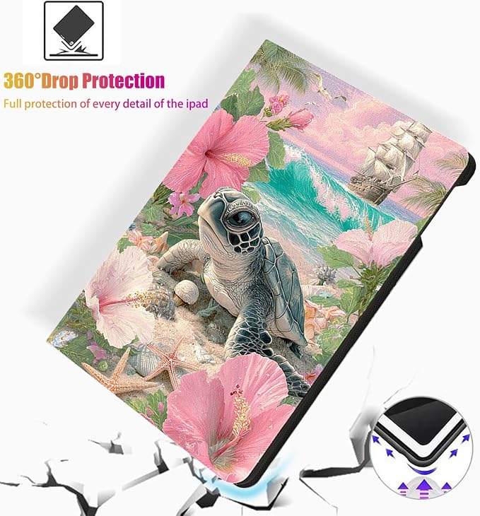 for Microsoft Surface Pro 11/10/9-13" 2024/2022 Tablet Case,Auto Wake/Sleep,Adjustable Stand Protective Cover - Sea Turtle Flower