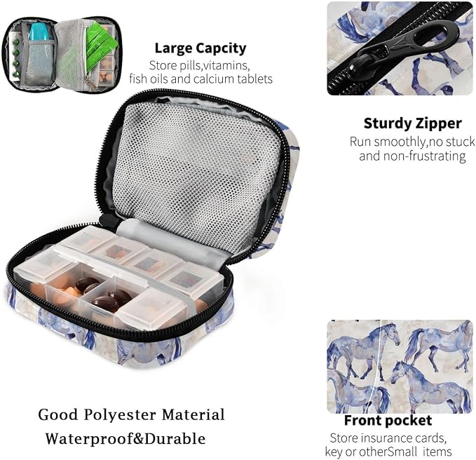 Fustylead Watercolor Hand Draw Beautiful Horses Pill Organizer for Purse, Weekly Portable Pill Box with Zipper to Storage Vitamins Fish Oils Medications Supplements