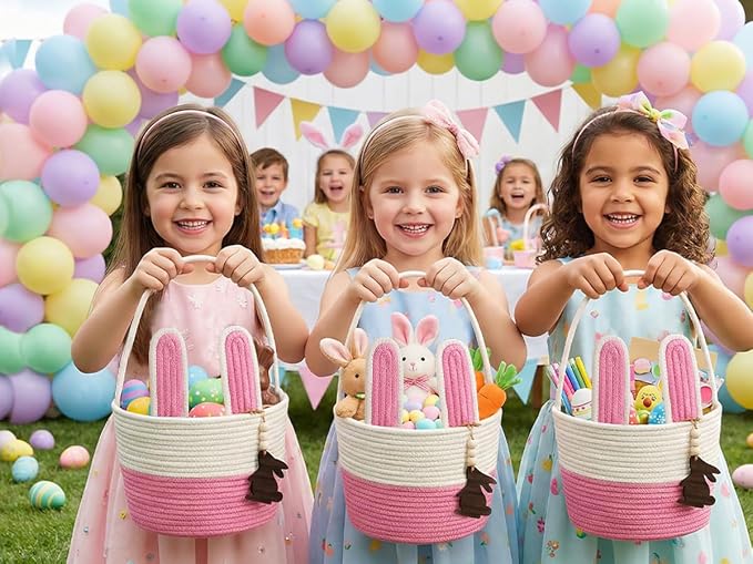 Pro Goleem Easter Basket for Kids, Adorable Woven Egg Hunt Bucket with Handle, Soft First Easter Gift Tote Bag, Nursery Toy Storage Bin with Tag(Pink)