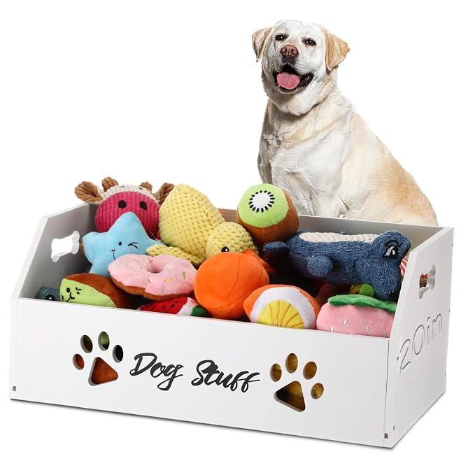Leinuosen Large Dog Toy Bin Basket, 20 Inch Large Stuff Toy Storage Basket Bin with Bone Handle Cutout Pattern Pine Container for Organizing and Storage Dog Leash Chew Toys(White, Undivided)