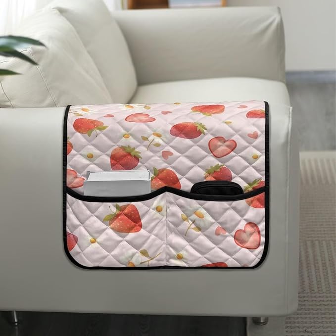 Strawberry Stretch Armrest Cover Couch Arm Covers Washable Sofa Chair Arm Covers with 2 Pockets Furniture Protector Armchair Slipcovers for Recliner Home Decor Sofa Arms Rest Cover