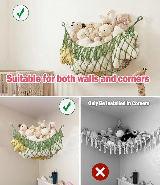 Stuffed Animal Net Hammock, Save Space Eliminate Clutter (Avocado green) | Premium Cotton Hand-knitted plush hammock, Boho Stuffed Animal Storage for Nursery, Bedroom Decor, playrooms