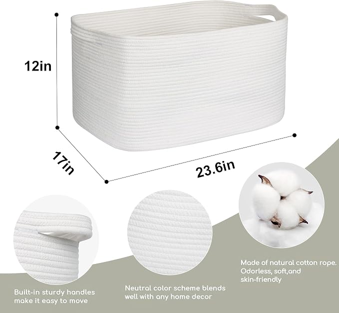 Extra Large White Storage Basket, 23.6" x 17" x 12" Rectangle Blanket Storage for Living Room, White Woven Cotton Rope Basket, Big Kids Toy Box Bin, XXXL Wicker Laundry Baskets for Organizing