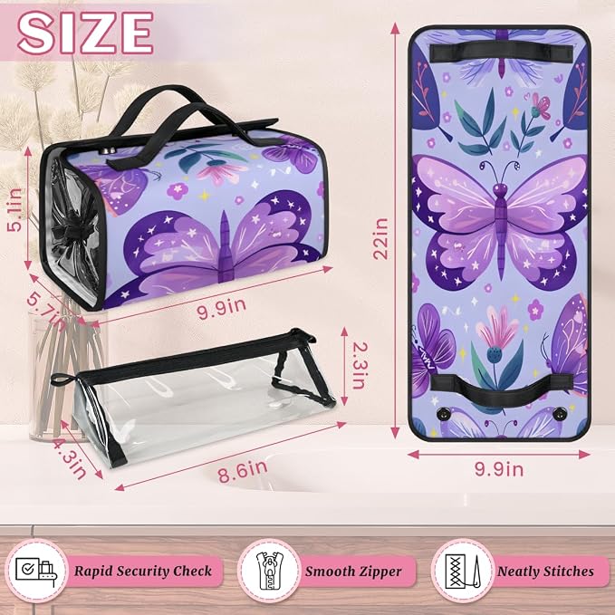 Purple Butterfly Makeup Bag for Women Hanging Roll-Up Travel Organizer Toiletry Kit with 4 Removable Compartments, Butterflies Rustic Floral