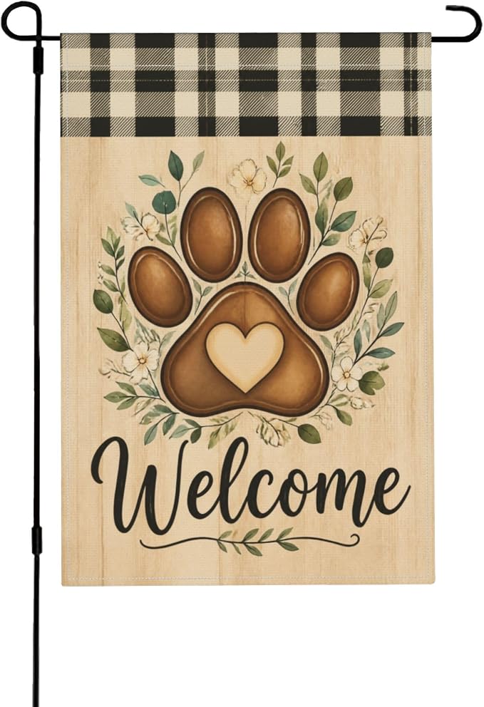 Welcome Golden Retriever Dog Cat Garden Flag With Leaves Buffalo Plaid Paw Prints Stained Glass Style For Outside 12x18 in