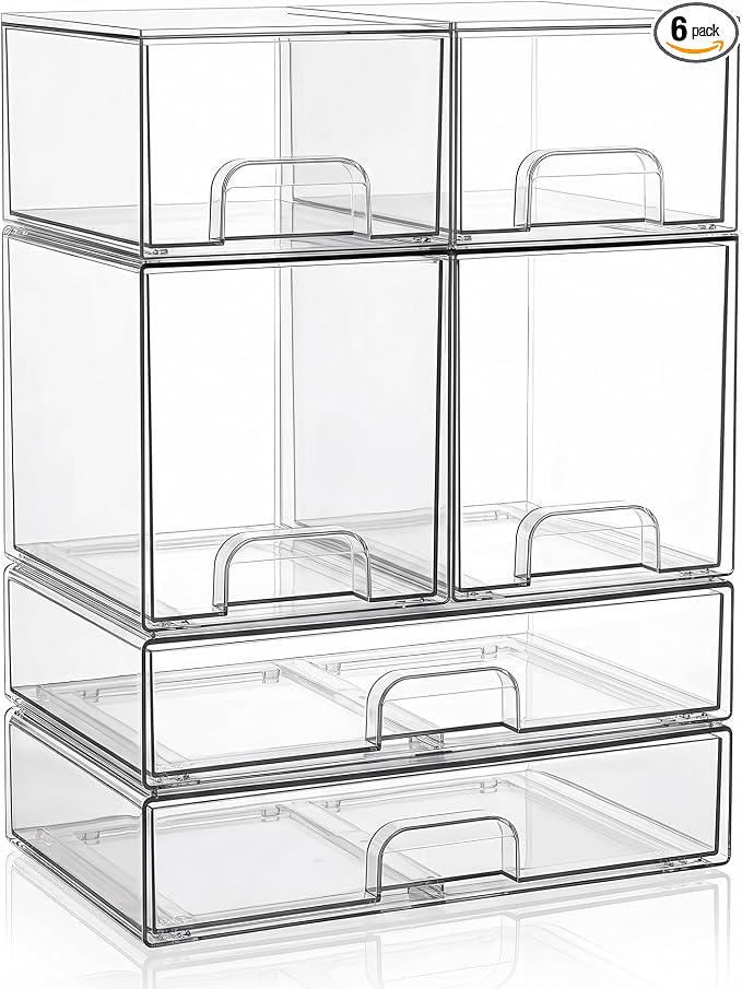 Clear Stackable Storage Drawers: Acrylic Organizer Bins 6 Pack | for Baby Bottle makeup Ideal for Countertop, Vanity, Station, Bathroom, Kichen Cabinet Pantry Organization