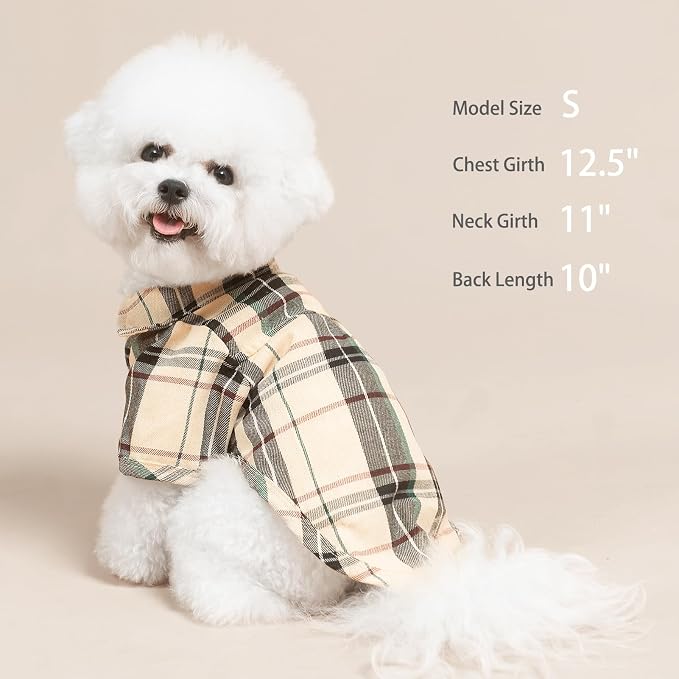 PUPTECK Classic Plaid Dog Shirt, Puppy Polo T-Shirt Clothes, Beige S | Soft Cotton Button Up Dog Clothes for Small Medium Dogs Boy Girl, Fashion Pet Tee, Chic Casual Pet Outfit Apparel