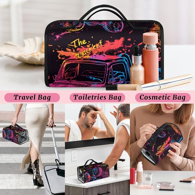 Monster Truck Makeup Bag for Women Hanging Roll-Up Travel Organizer Toiletry Kit with 4 Removable Compartments, Cartoon Cars