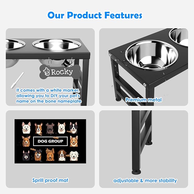 ADENGL Elevated Dog Bowls, 10" Tall Height, Raised Bowl Stand with 2 Stainless Steel Food Feeder Bowls (58oz) and Spill-Proof Mat for Medium Large and Small Breeds