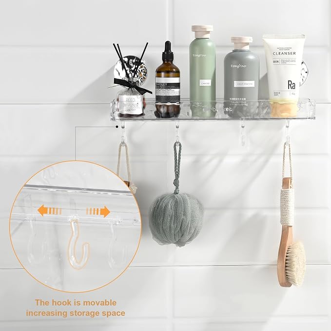 Shower Caddy Suction Cup, Wall Mounted Suction Shower Rack Organizer, No Drilling Clear Shelf Basket with 4 Movable Hooks, Bathroom Storage Rack Suitable for Smooth Walls