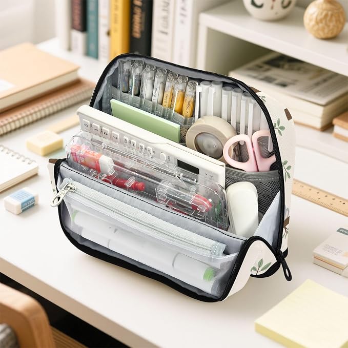 Aslsiy Large Capacity Pencil Case Grey Koala Bear Leaves (1) Pencil Pouch for Boys Girls Portable Pen Bag Organizer Standing Makeup Bag for School Office Supplies