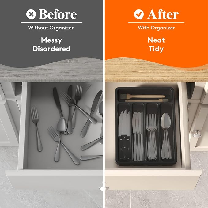 Lifewit Silverware Organizer with Lid, Covered Utensil Tray, 9.5x12.7 | Plastic Cutlery Storage Box for Kitchen Drawer and Countertop, Flatware Case Holder for Spoons Forks Knives, Black
