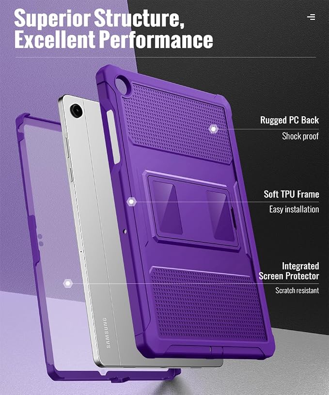 MoKo Shockproof Case Fit Samsung Galaxy Tab A11+ Plus/ A9+ 11 Inch | Full Body Rugged Stand Back Cover with Built-in Screen Protector for Galaxy Tab A11+/ A9+ Tablet, Deep Purple