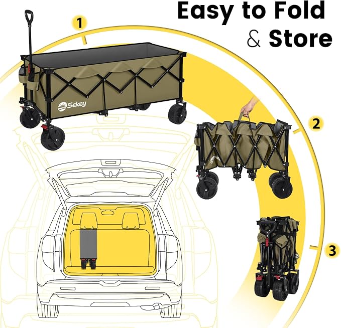 Sekey 48''L Collapsible Foldable Extended Wagon with 660lbs Weight Capacity, Heavy Duty 300L Folding Utility Garden Cart with Big All-Terrain Beach Wheels & Drink Holders. Khaki