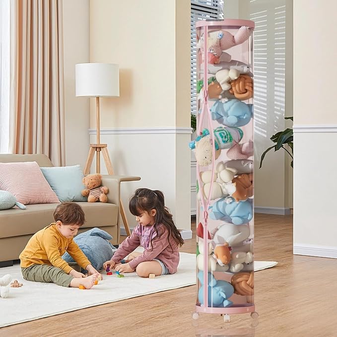 Upgraded Stuffed Animal Storage Tube,Tall (150cm) Plush Organizer with 4 Wheels,Pink PET Clear Bucket & Double Zipper, Space-Saving Toy Storage for Kids Room,Tidy Zoo Bin for Stuffed Animals