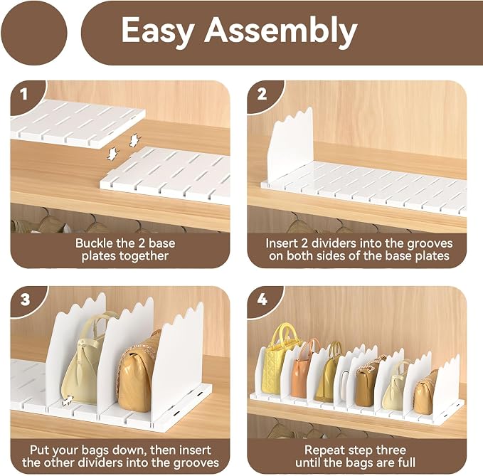 SOYO Adjustable Shelf Dividers for Closet, Purse Organizers for Bag, White | Acrylic Handbag Storage Pocketbook Organizer, Bookshelf Separators for Bedroom Armoire Wardrobe Office Cabinet