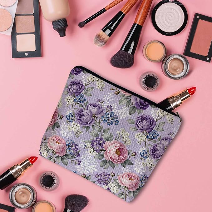Rose Purple Makeup Bags Makeup Organizer, Vintage Blossom Flowers Rose Flax Toiletry Bags Travel Cosmetic Bag Makeup Purse Pouch Skincare Bag Wallet Bags For Women Female Mom Daughter