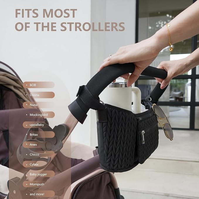 Stroller Organizer - Stylish Quilting Nylon, Universal Fit, Detachable Bag, Adjustable Multi-Storage for Baby Stroller and Pet Stroller（Black-A