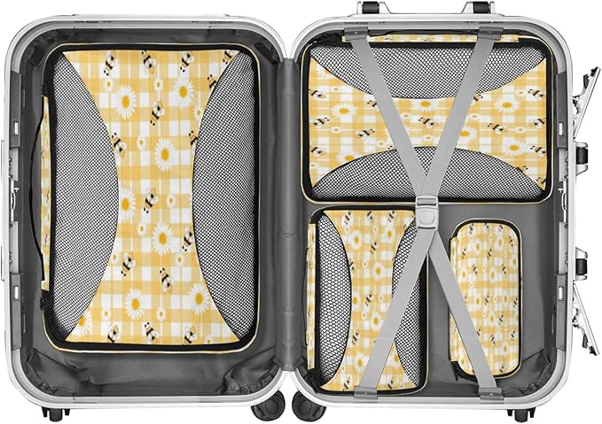 Honeybee Bee Packing Cubes for Travel, Luggage Packing Organizers, Bees Daisies Honey Travel Accessories Large Toiletries Bag for Clothes Shoes Cosmetics Toiletries
