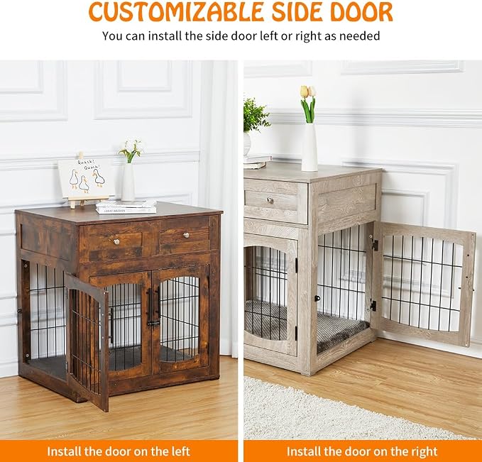 Dog Crate Furniture with 3 Doors,39.4" Large Dog Crate with 2 Drawer & Cushion,Wooden Dog House Kennel for Medium/Large Dog (31.5" l×23.6" w×32.1" h)