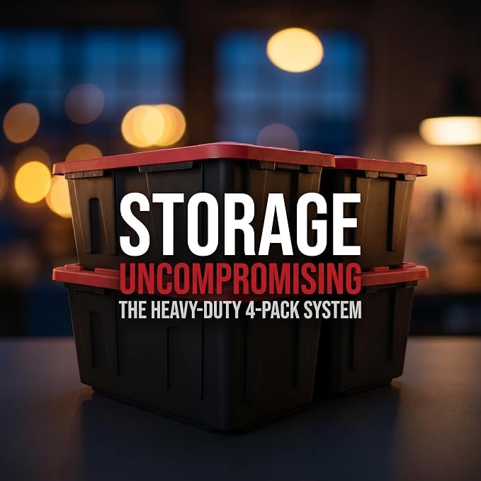 4-Pack 27Gal Stackable Storage Bins Locking Lids Heavy-Duty Dustproof | rust/dent/stain-proof,padlock-ready,anti-topple,easy-clean,eco-friendly