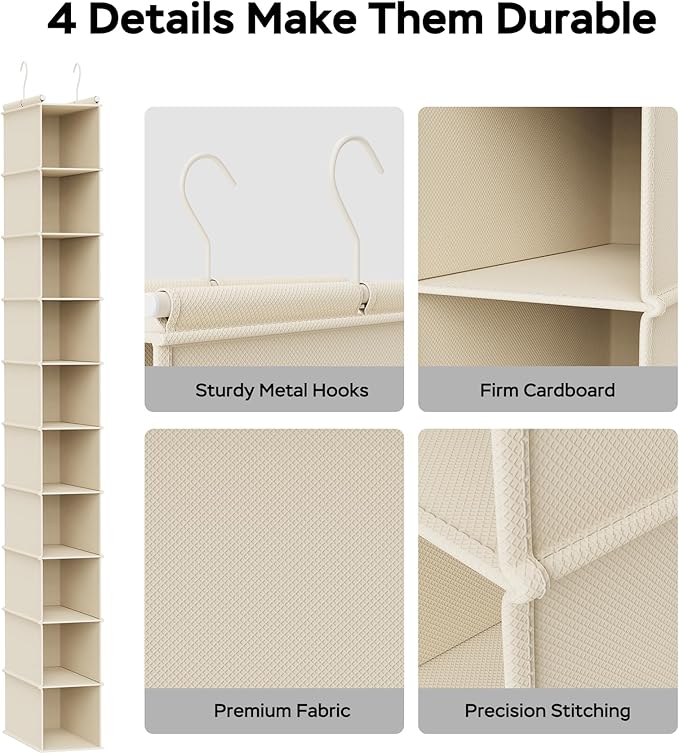 MAX Houser 10-Shelf Hanging Shoe Shelf Organizer for Closet Beige | Foldable Hanging Shoe Storage Shelf with 2 Metal Hooks, Space Saving Storage for Narrow Space