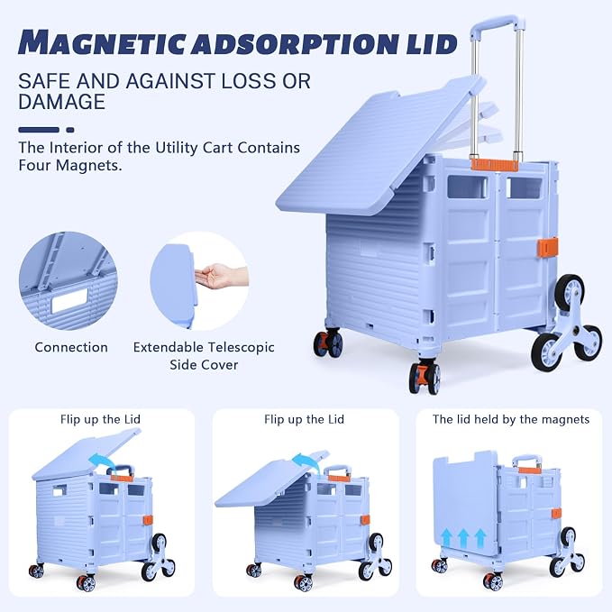 Foldable Utility Cart Collapsible Portable Crate Rolling Carts with Stair Climbing Wheels Tote Basket with Magnetic Lid Telescopic Cover Wear-Resistant 360°Rotate Wheel Noiseless for Shopping Office