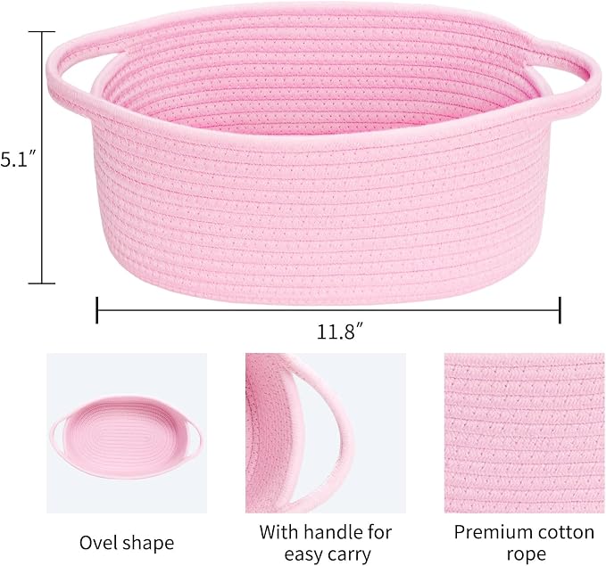 ABenkle Small Basket with Handles, Boho Decorative Rope Woven Dog Cat Toy Storage Bin Shelf Storage Organizer, Easter Christmas Gift Basket, 12"x8"x5", Pink