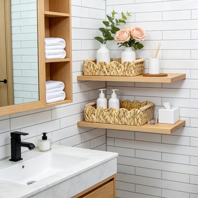 Decorative Toilet Paper Storage Basket, Modern Farmhouse Home Decor Scalloped Basket for Organizing, Pantry Baskets for Shelves, Countertop, Living Room, Wood Handles, Natural Water Hyacinth (2pack）