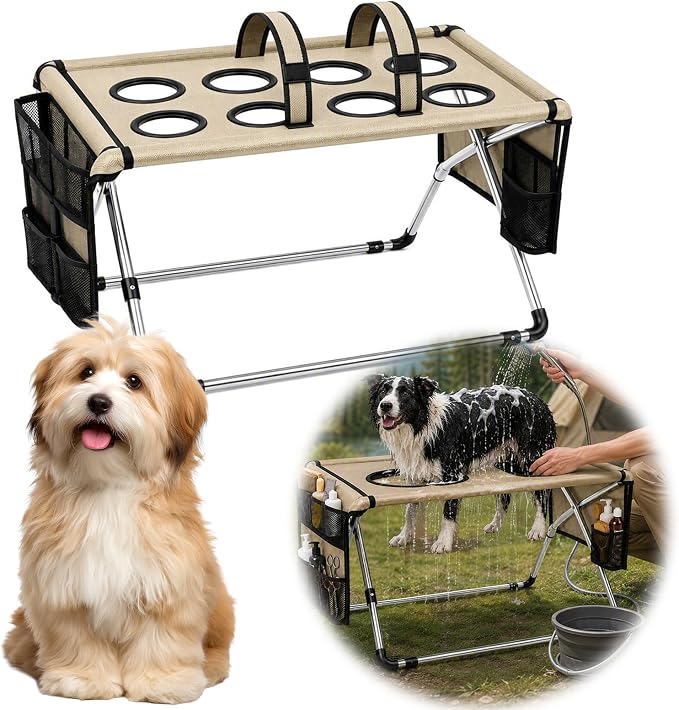 Foldable Dog Grooming Table, Pet Hammock with Stand for Small Dogs & Cats