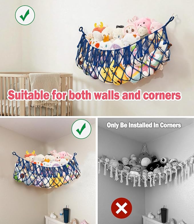 Stuffed Animal Net Hammock, Save Space Eliminate Clutter (Sapphire Blue) | Premium Cotton Hand-knitted plush hammock, Boho Stuffed Animal Storage for Nursery, Bedroom Decor, playrooms