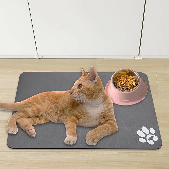 YCT Pet Cat Food Mats - Non Slip Super Absorbent, with Footprints Logo, 18.1 x 11.8 inches, Dark Grey