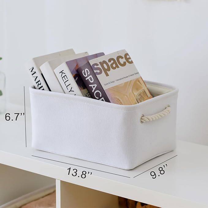 Decorative Basket for Organizing - Medium-1Pack 13.8L*9.8W*6.7H Rectangular Fabric Storage Bin Organizer Basket with Handles for Clothes (White)