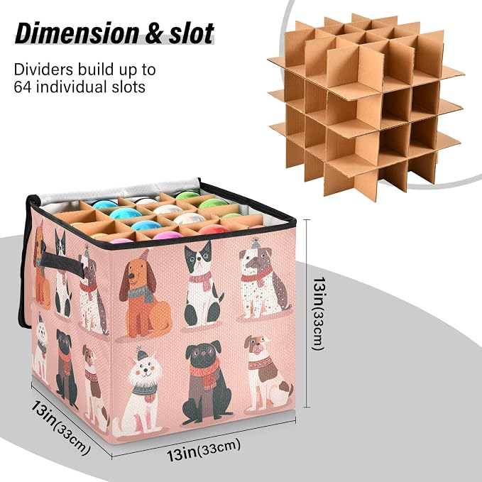 OTVEE Christmas Ornament Storage Box Holiday Decoration Organizer Stores upto 64 Holiday Ornaments Adjustable Dividers Tear-Proof Fabric Christmas Pet Design