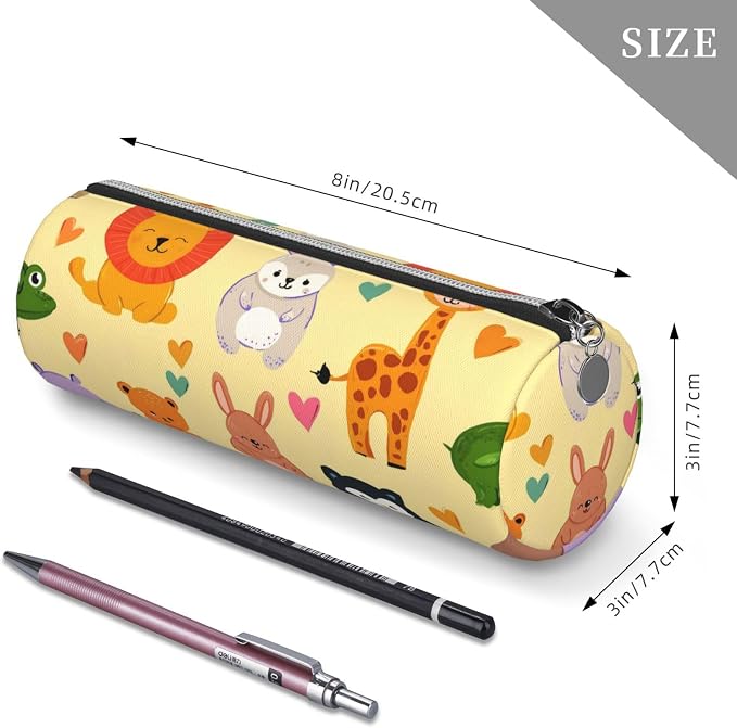 OSAM SPACE Leather Pencil Case Round Pencil Bag Cute Animals Hearts Pen Organizer Holder Portable Zipper Pouch Cute School Supplies for Girls Boys Study Office