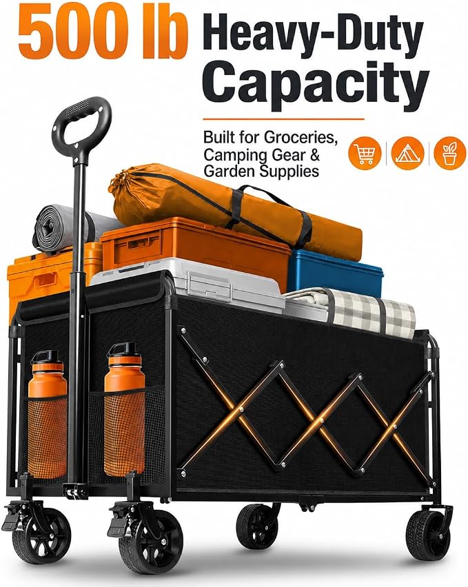 Wagons Carts Foldable, 500 lb 220L Collapsible Wagon with Brakes | Heavy folding wagon for groceries, camping, beach, outdoor hauling; large storage, brake control and compact folding design