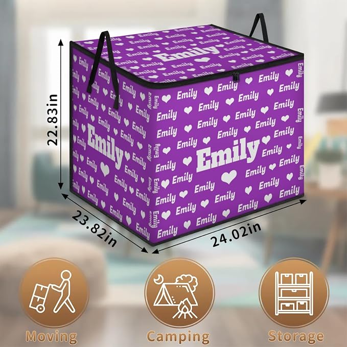 Custom Name Storage Bin with Lid, Personalized Extra Large Dark Voilet Purple Background Love Hearts Storage Basket with Handles Zippers Organizing Comforters, Blankets, Bedding Closet Shelf Baskets