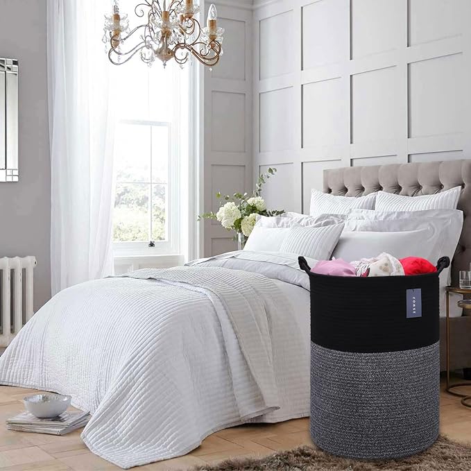 COMSE Tall Woven Blanket & Laundry Basket, 72L, Black | 15.7”x 21.7”, Cotton Rope, Large Nursery Hamper for Storage of Toys Clothes Towels, Great for Living Rooms Bedrooms Bathrooms