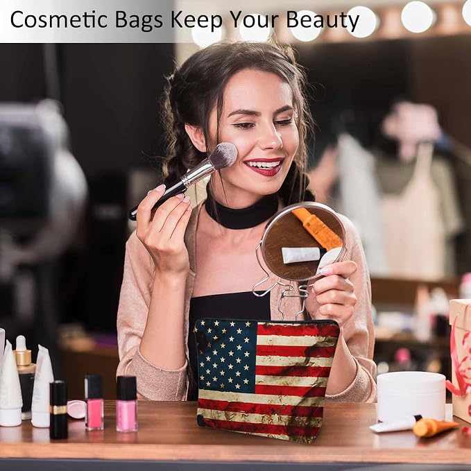 Women Makeup Organizer Bag American Flag Grunge USA Flag United Stats Of America Flax Cosmetic Bag Makeup Bags Toiletry Bag Accessories Organizer Travel Bags For Home Bathroom Office