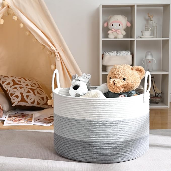67L Large Woven Blanket Basket, Cotton Rope Baby Laundry Hamper with Handles, Kids Toy Basket for Classroom & Nursery, Soft Round Stuffed Animal Storage, Dog Toy Bin - 20"x13", Gray