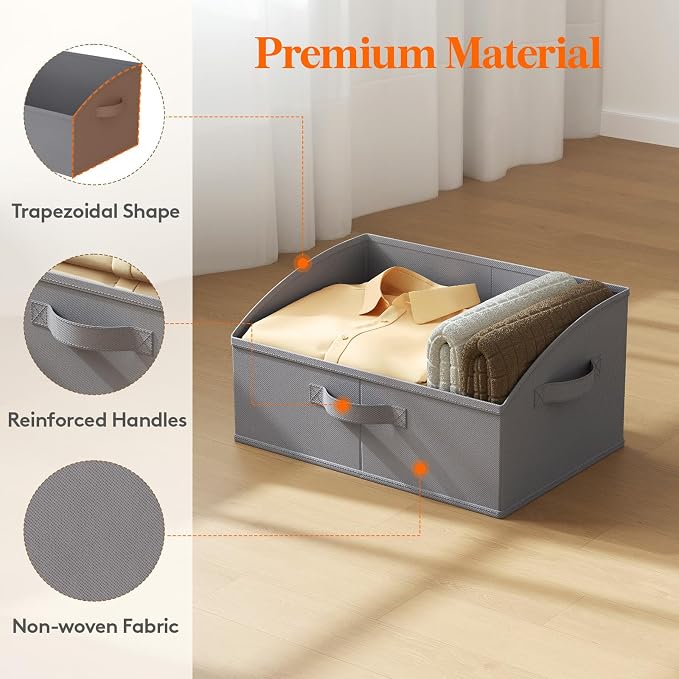 Lifewit Trapezoid Closet Storage Bin for Shelf, 6 Packs 19L, Gray | Non-woven Closet Organizer Baskets with Handles, Foldable Clothes Containers Boxes for Clothing, Book, Purse, Large