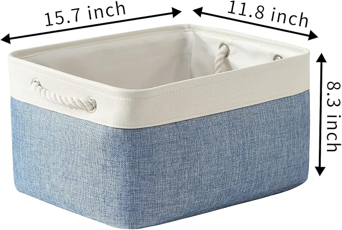 TcaFmac Storage Bins for Organization - Large 3 Pack Canvas Storage Basket for Shelves with Handles, Collapsible Baskets for Organizing for Closet Dog Laundry (White & Blue16x12x8 inch)