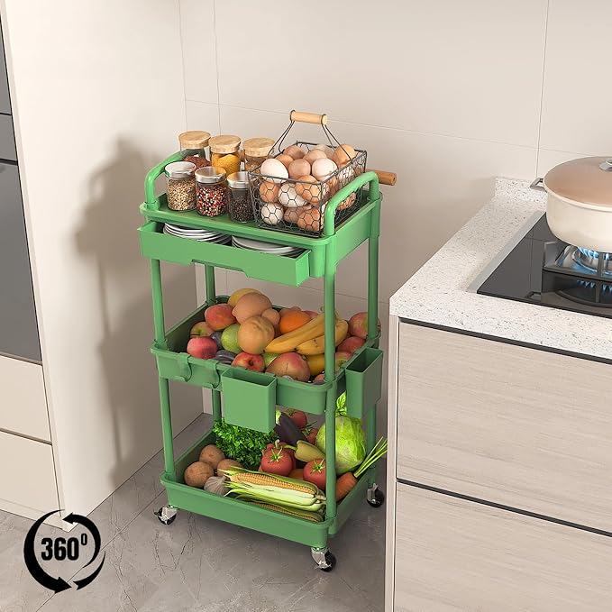 3 Tier Rolling Utility Cart with Drawer, Plastic Storage Organizer Rolling Carts with Wheels Handles Hanging Cups Hooks for Office, Bathroom, Kitchen,Craft Art Room (Green)