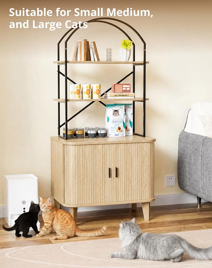 31.5" Cat Litter Box Enclosure,Hidden Litter Box Furniture with 2-Tier Storage Shelves,Wooden Cat Washroom and Pet House with Sliding Tambour Door for Living Room, Oak