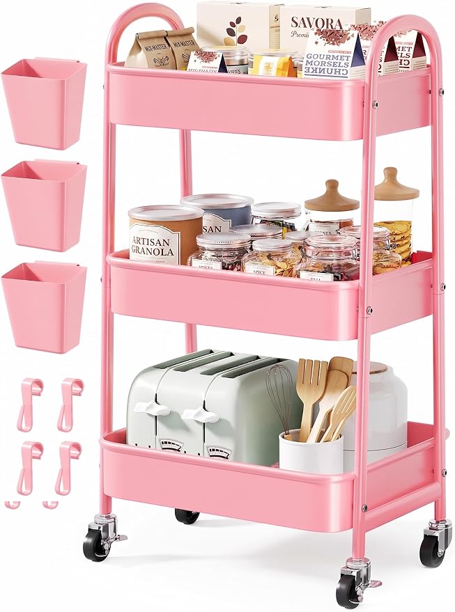 3 Tier Rolling Storage Cart Metal with Wheels, Pink Three Tiered Craft Cart Organizer on Wheels, Utility Carts for Baby Nursery, Diaper Caddy, Art, Book, Snack, Nail, Makeup, Bathroom Supplies, Mesh