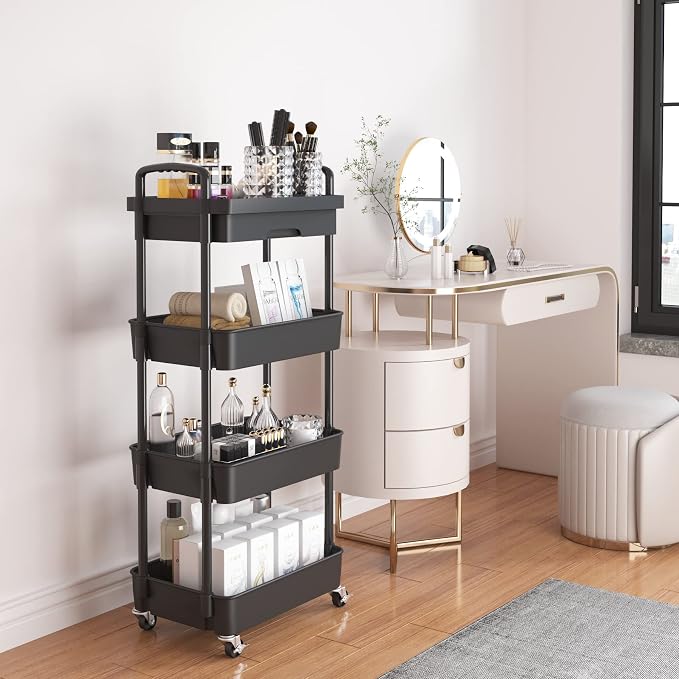 Calmootey 4-Tier Utility Cart with Drawer & Wheels, Storage for Home,Office | Space-Saving Organizer, Sturdy Plastic Shelves, Smooth-Rolling Metal Wheels, Built-in Drawer for Small Items, Black